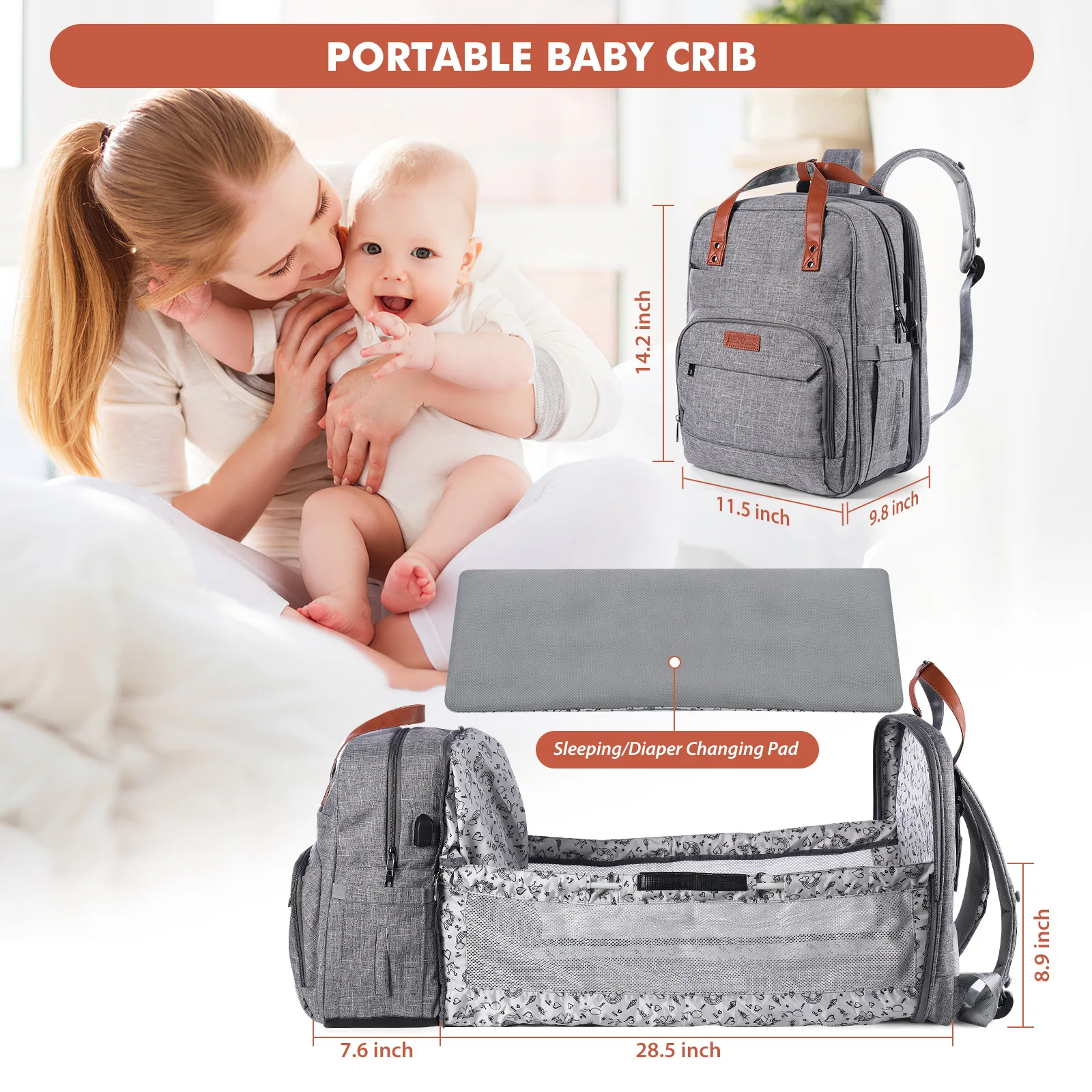 Large-capacity folding bed mommy bag multi-function USB charging mother and baby bag dry and wet separation mommy bag