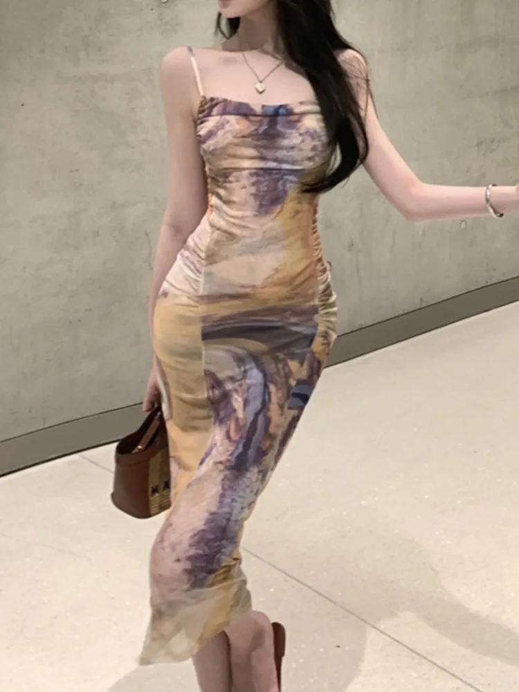 

Spaghetti Strap Print Women Summer Dress Sleeveless Casual Vintage Bodycon Slim Party Beach Vestidos Female Chic Robe Mujers