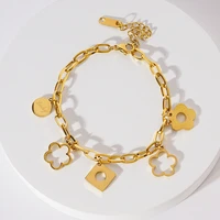 2021 steel flower plant charm bracelets for women girls gold colour chain link bague jewelry kerean design brand jewelry