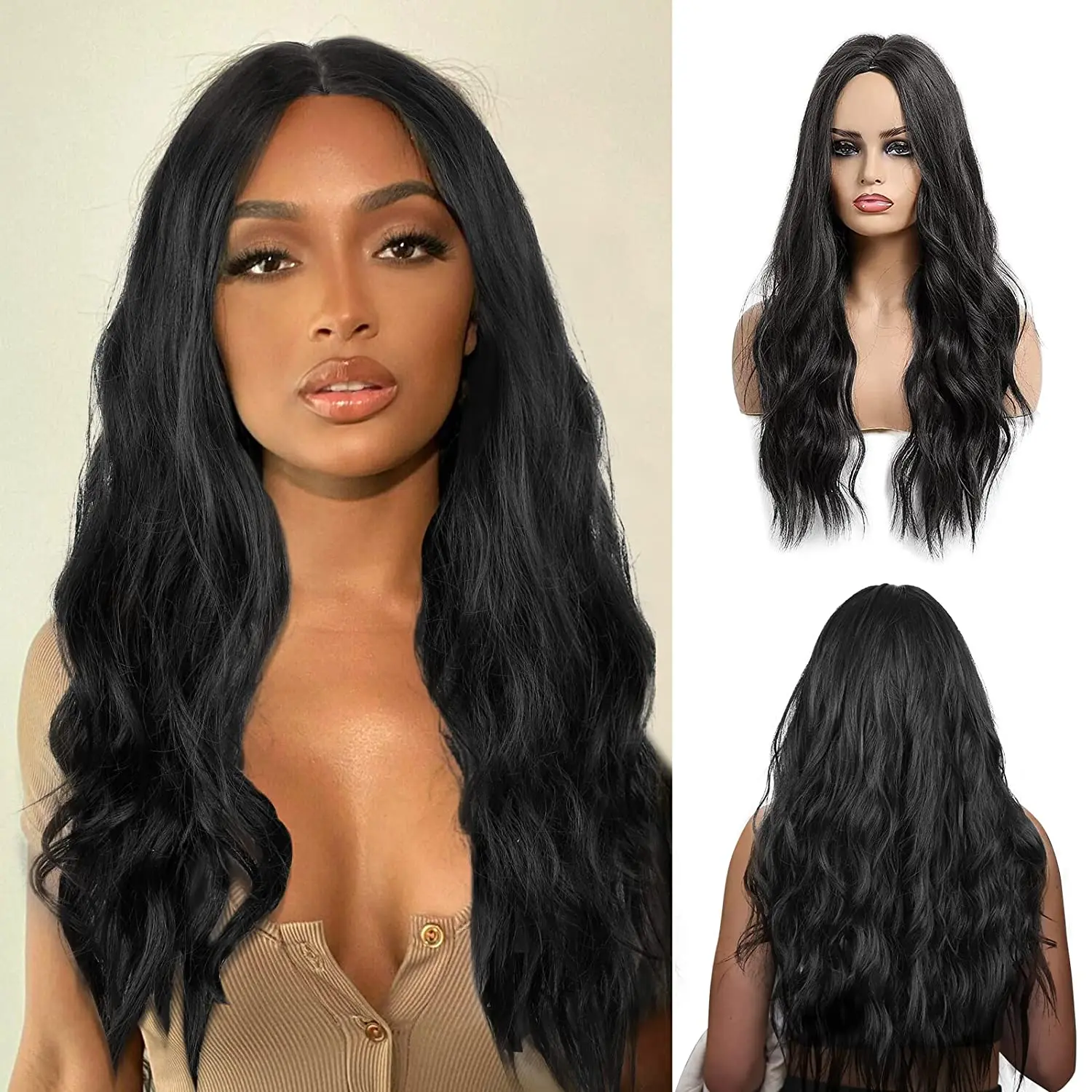 

Длинный волнистый парик для женщин, средней части, вьющиеся волосы, естественный цвет, синтетические термостойкие Сменные волосы из волокн...