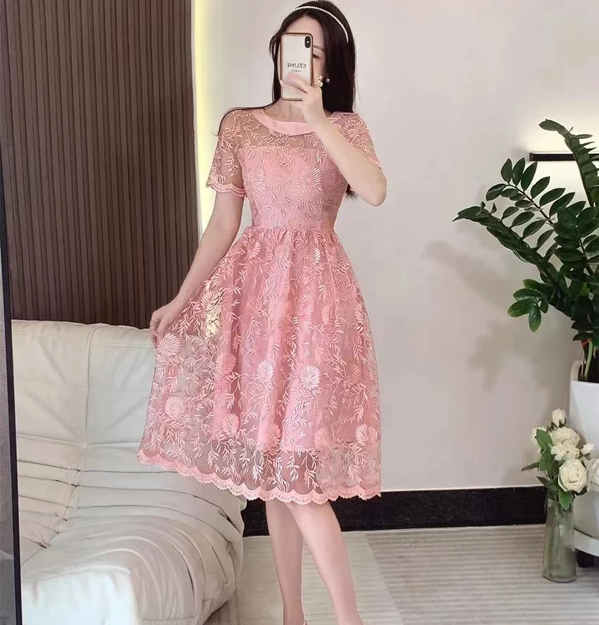 

Женское Сетчатое платье с вышивкой, элегантное розовое платье средней длины из фатина с круглым вырезом и коротким рукавом, с высокой талией, с цветочной вышивкой, лето 2023