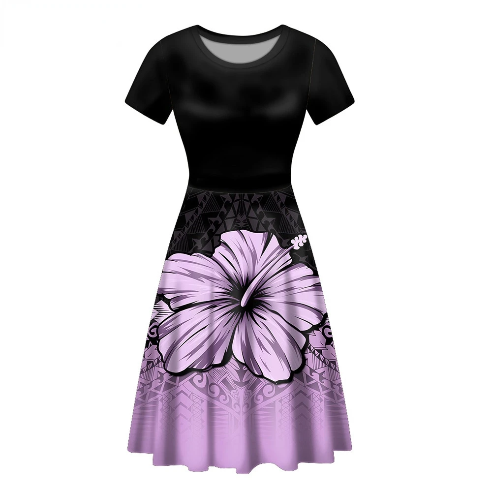 

Vintage Short Tops Dress For Women Purple Color Polynesian Hawaiian Hibiscus Printing Elegant Lady Casual Vestidos