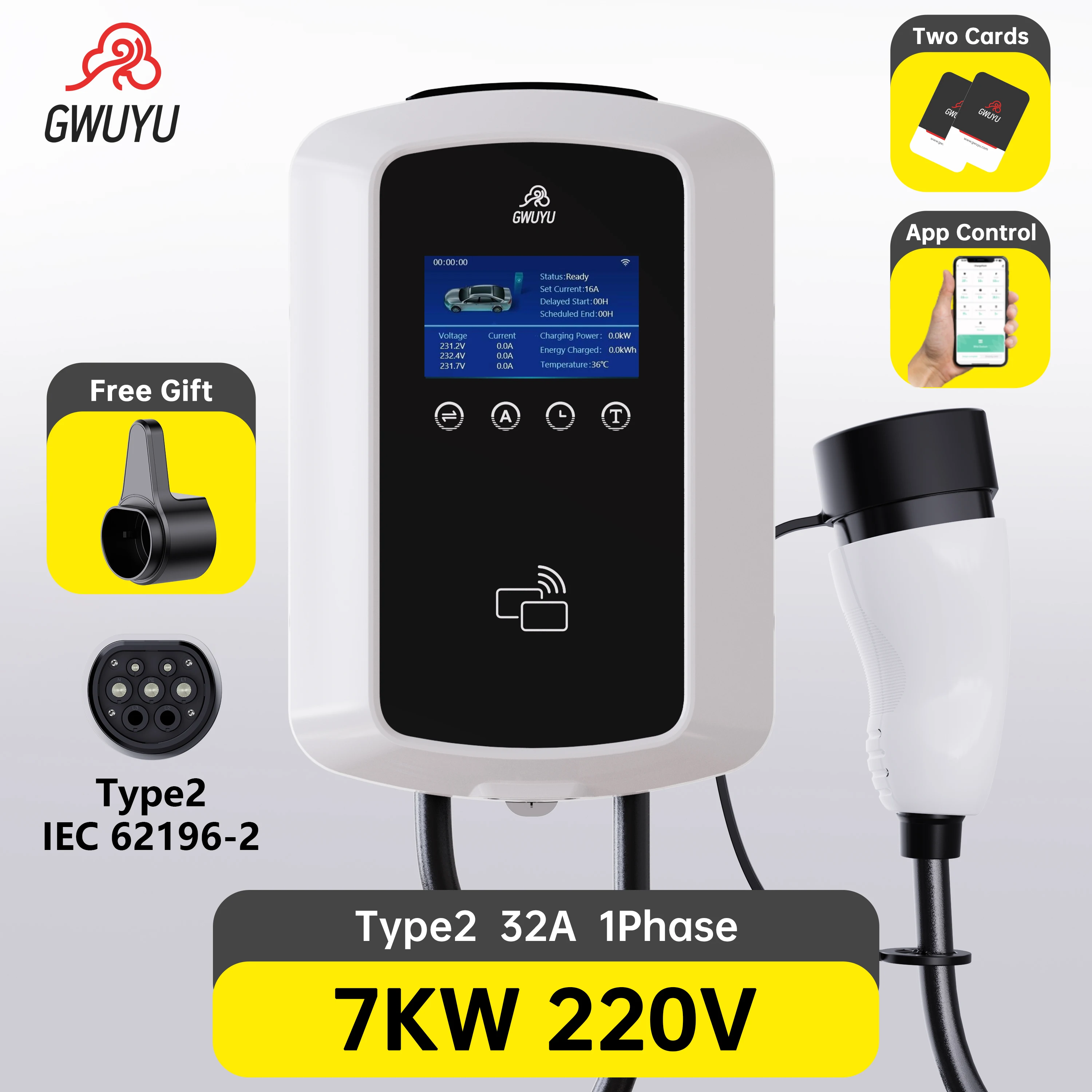 Автомобильное зарядное устройство Type2 1Phase 7KW 3Phase 11KW 22KW EVSE Charging Wallbox с 4 3-дюймовым