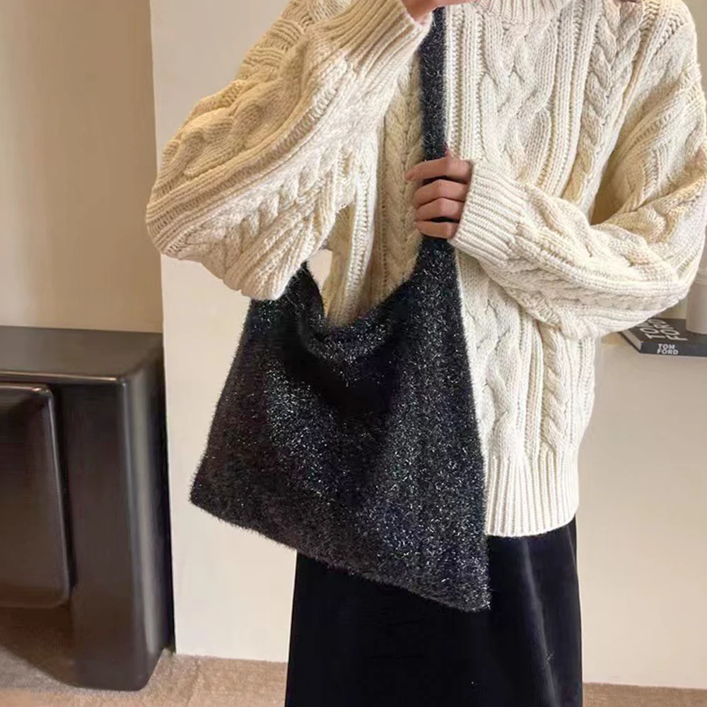 Y2K Вязаная Женская Сумка-тоут С Золотой Нитью Красивая Художественная