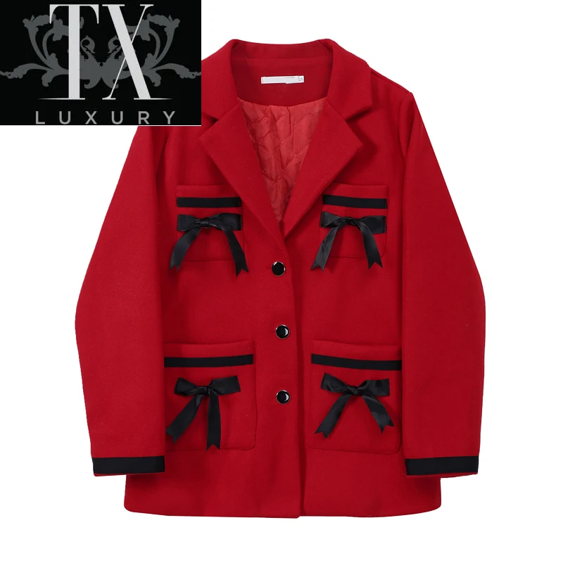 

Women Spring Elegant Red&Blue Blazer Woolen Jacket Pockets Bow Design V Neck Coat Female Loose Korean Retro Ulzzang Y2K Outwear
