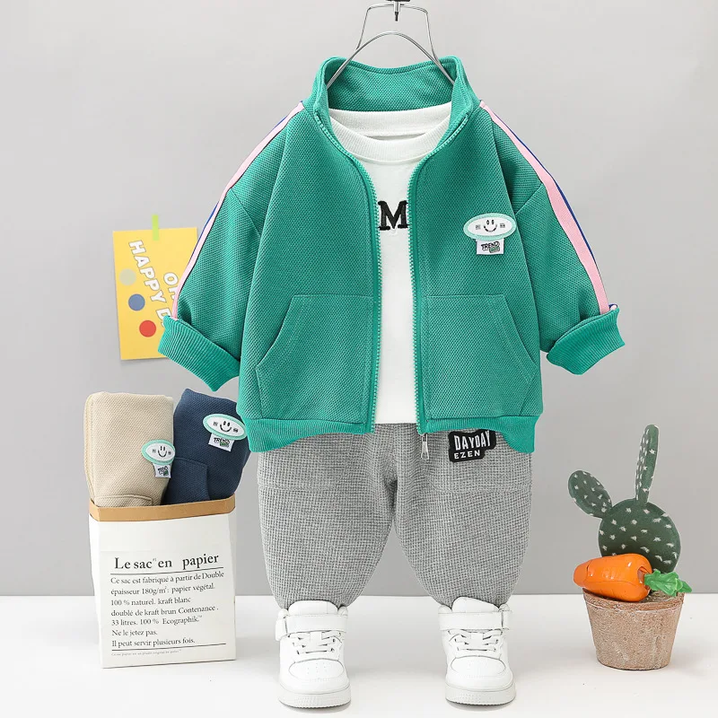 

Toddler Children Baby clothing suit fashion Boy cartoon smiley face zipper jacket+shirt+pants 3pcs kids outfits sport clothes