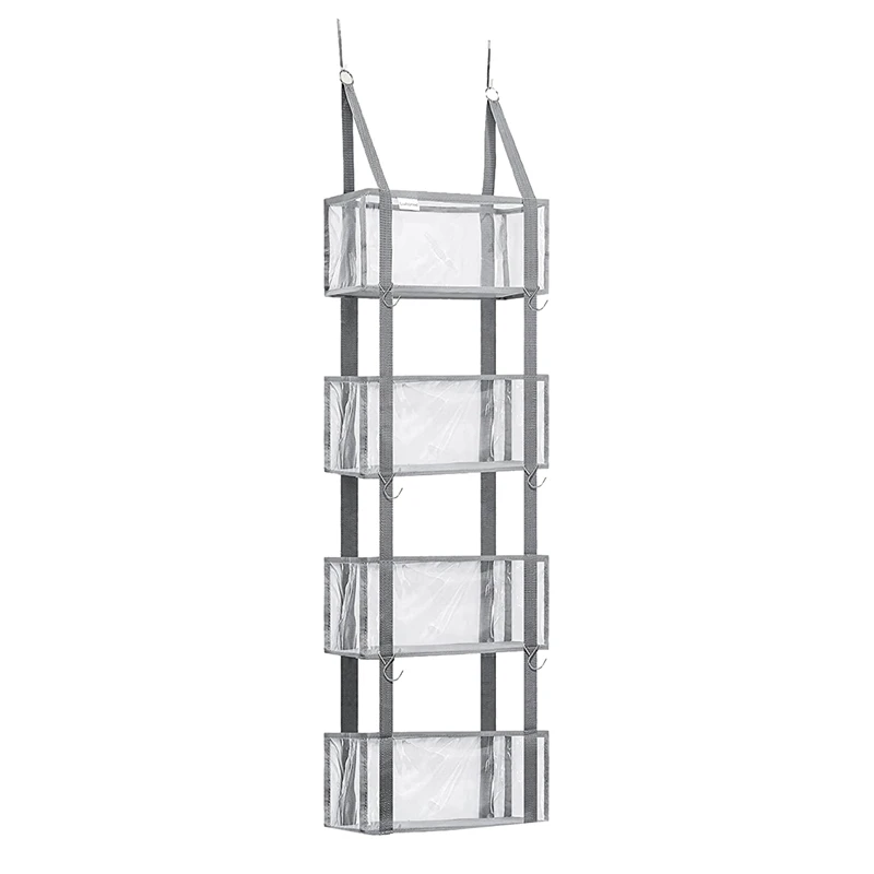 

1 PCS Grey Over The Door Organiser Hanging Shelves Closet Organiser With 4 Clear Pockets