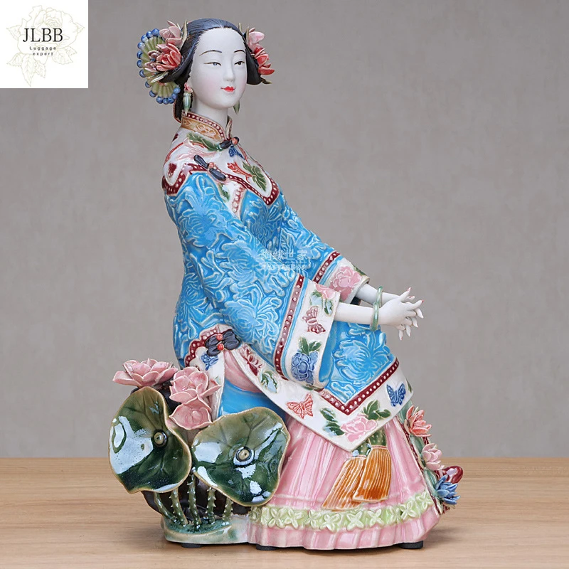 

Shiwan Artistic Chinese Lady Figurine Glazed Clay Oriental Asian Beauty Woman Pottery Sculpture Art Ceramic Statue Collectibles