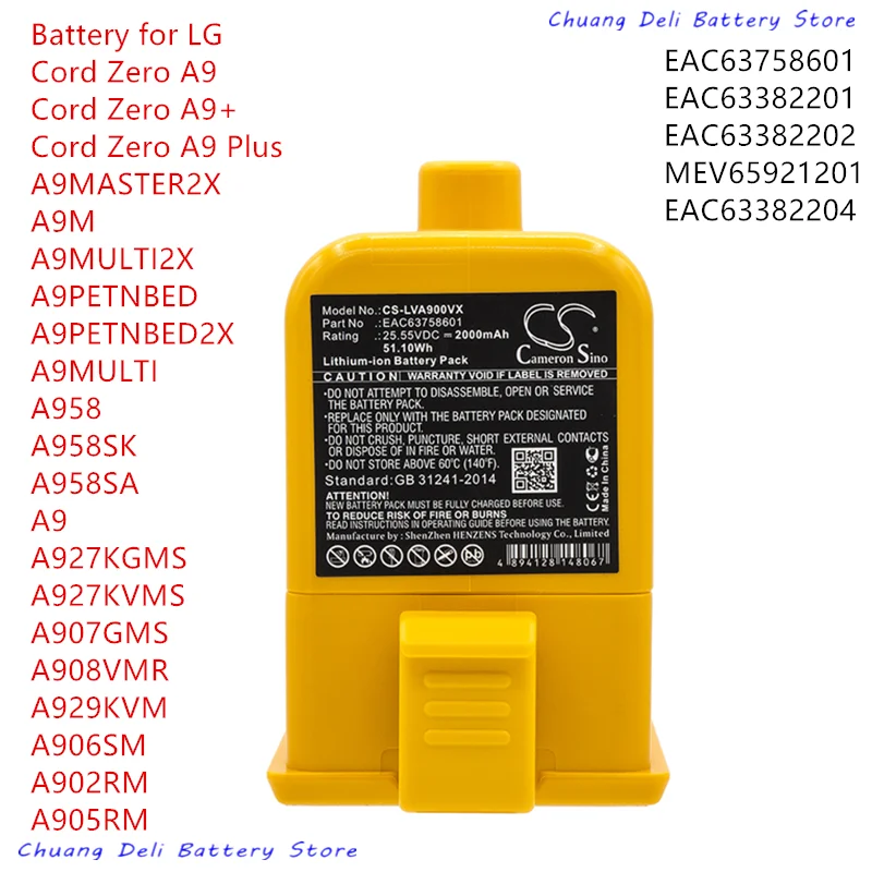 

Cameron Sino Vacuum Battery for Cord Zero A9 A9MASTER2X A9M A958 A905RM EAC63758601 EAC63382201 EAC63382202 MEV65921201