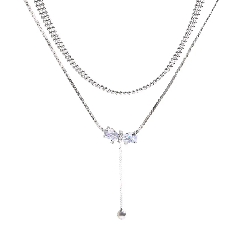 

Ins Style Exquisite Zircon Bow Clavicle Chain Light Luxury Niche Advanced Design Double Layer Titanium Steel Necklace Trendy New