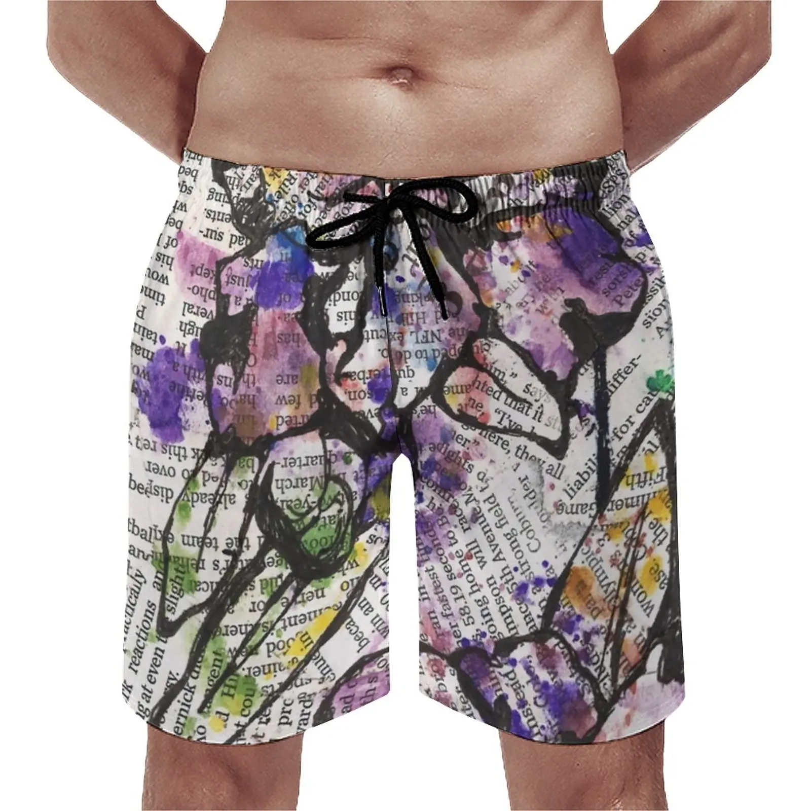 

Board Shorts Newspaper Print Hawaii Swim Trunks Watercolor Floral Print Males Fast Dry Sportswear Large Size Board Short Pants