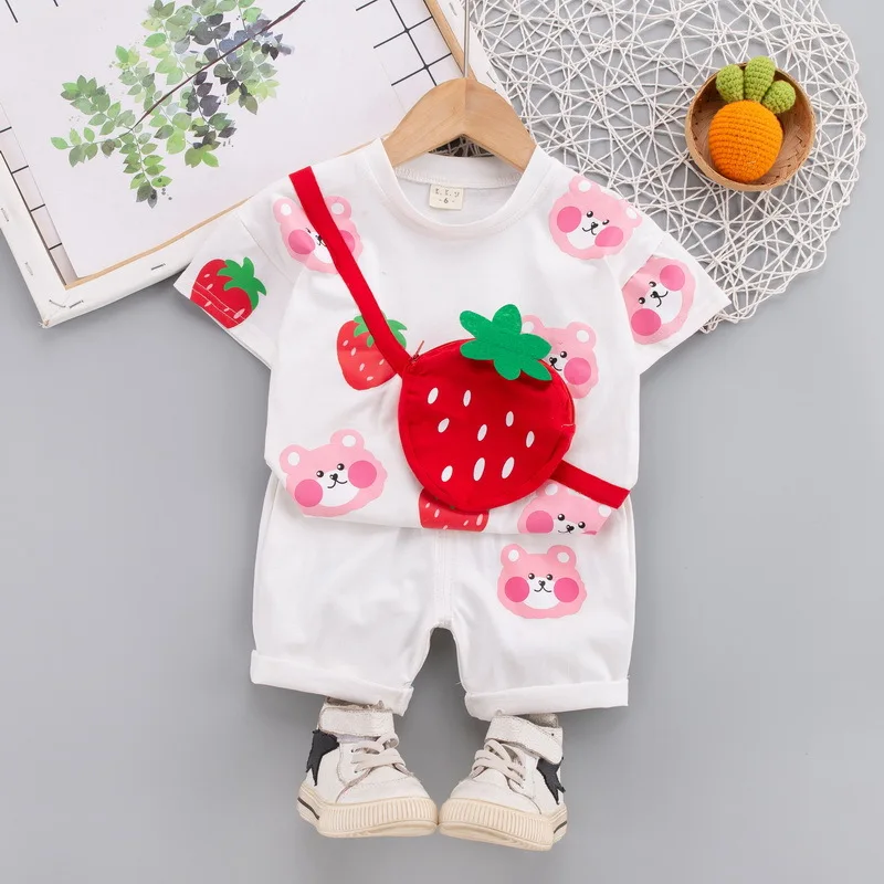 

Baby Girl Clothes Summer Fashion Children Cute Bear Outfits T-shirt with Strawberry Bag+Shorts 2pcs/sets Infant Toddler Clothing