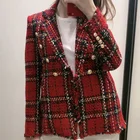 Пиджак женский твидовый, в красную клетку, зимний, в стиле пэчворк