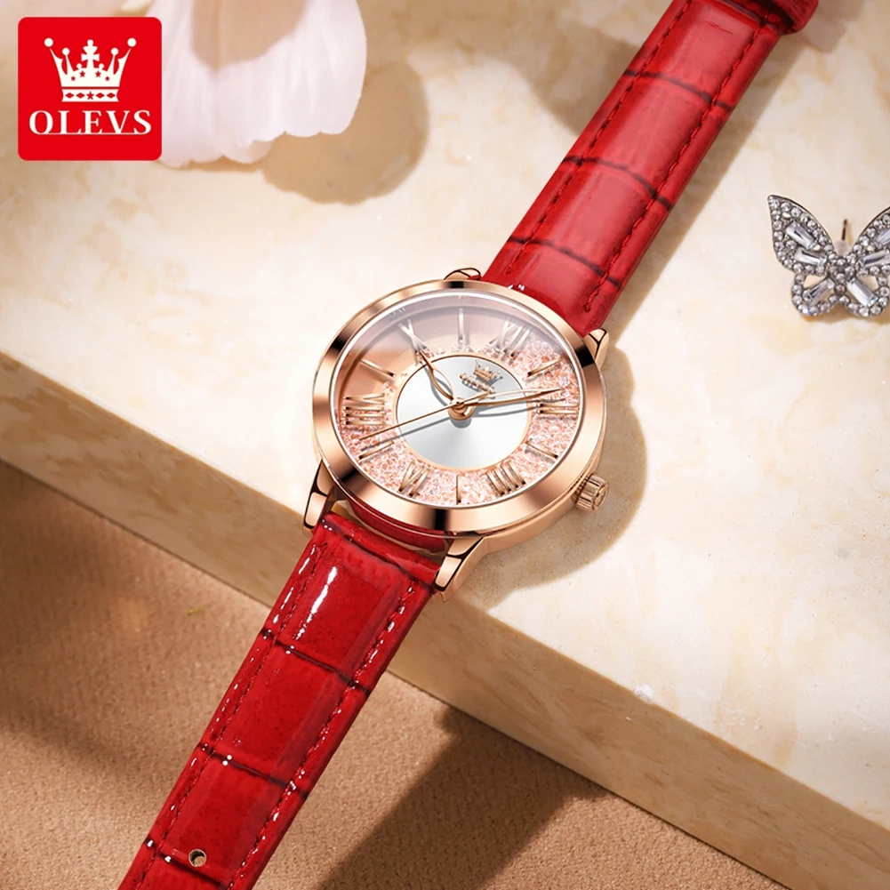 OLEVS 2023 New Top Brand Luxury Women Watches Fashion Red Leather Ladies Watch Waterproof Quarzt Wristwatch Montre Femme
