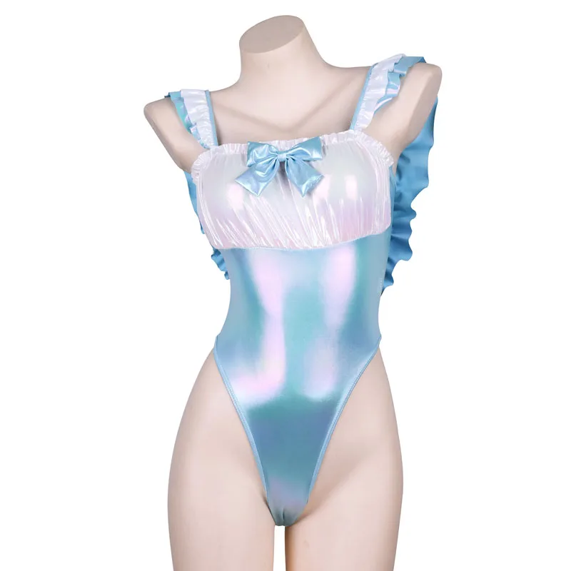 AniLV Shiny Girl Blue Laser One-piece Swimstuit Unifrom Women Anime Ruffles Bow Backless Bodysuit Swimwear Costumes Cosplay |