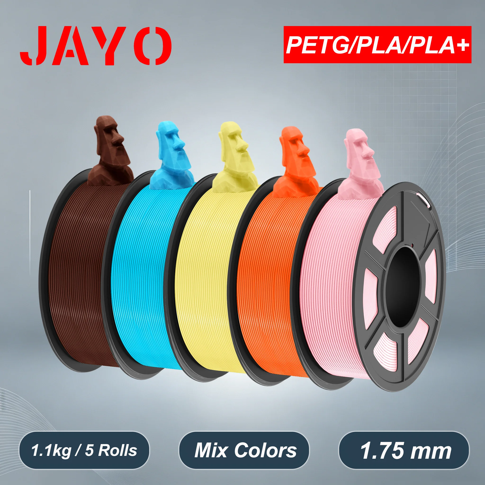 Фото Филамент JAYO 3D PETG/PLA/PLA+ 1,75 мм +/-0,02 мм, 5 катушек, для 3D-принтеров Bambu FDM, аккуратно намотанный, материал для 3D-печати №1