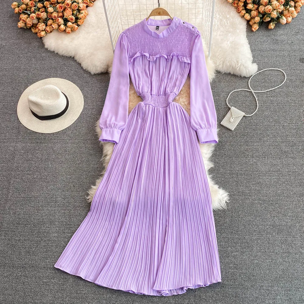 

Spring Fashion Light Mature Wind High Waist Round Neck Slim Pleated Dress Elegant Temperament A-word Large Dress