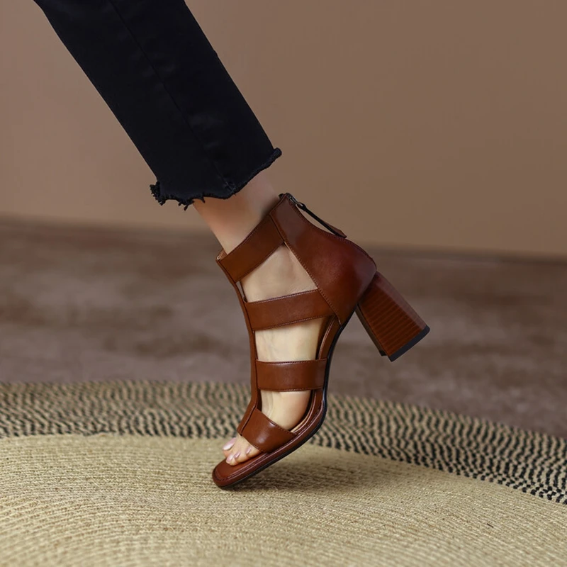 

2022 Summer Shoes Women Square Toe Cover Heel Gladiator Modern Sandals Split Leather Chunky Heel High Heels Roman Women Sandals