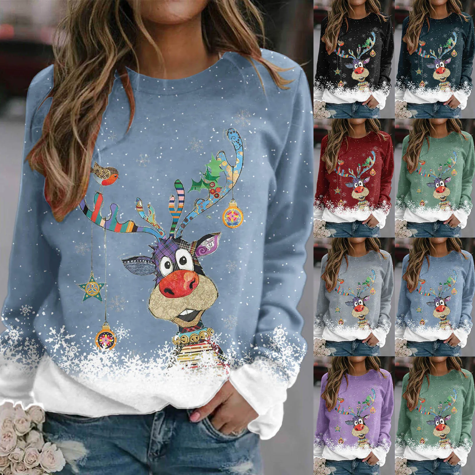 

Women Christmas Printing Sweatshirt Top Snowflake Deer Head Long Sleeved Casual Sweatshirt Blouse Lady Sweatshirts Women