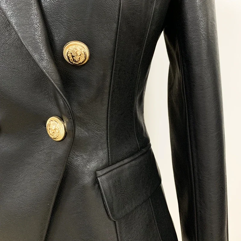 Newest Fall Winter 2023 Designer Jacket Women's Lion Metal Buttons Double Breasted Synthetic Leather Blazer Overcoat