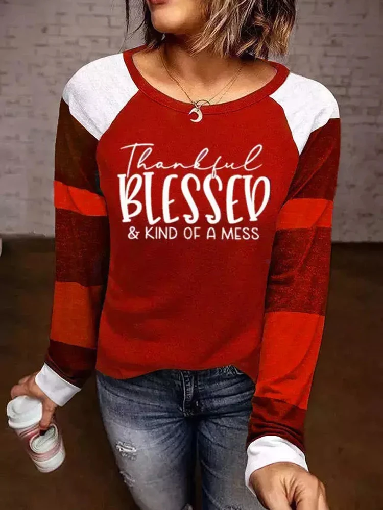 

Thankful Blessed Blouse Long Sleeve Top Women Thanksgiving Baseball T-Shirt Vintage Color Block Splicing Sleeve Shirts y2k