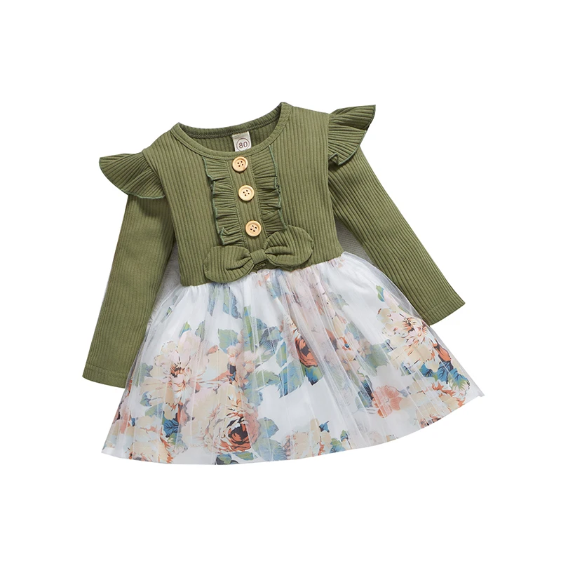 

Mini Car 2022 Spring Autum Baby Girl's Solid Flower Dress Children Fashion Long Sleeve Party Dress Kids Infant Clothes