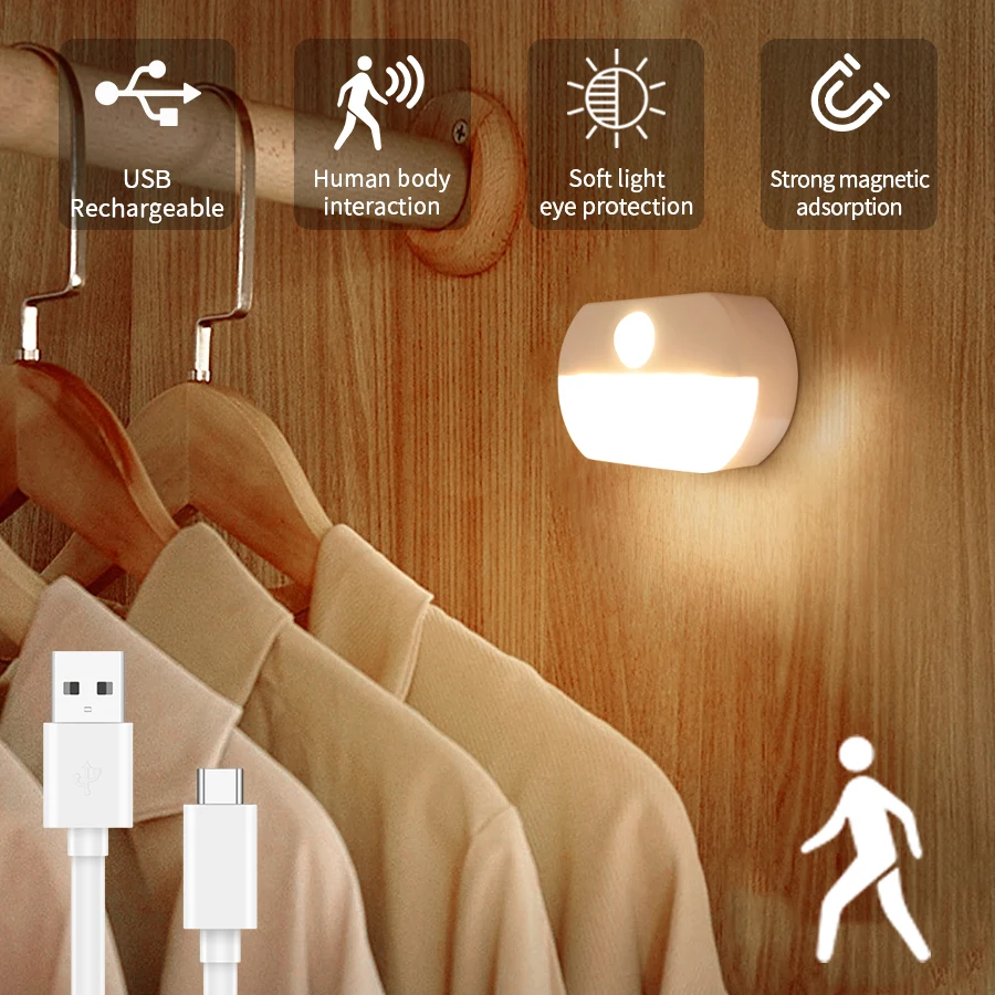 

Перезаряжаемый Светодиодный Светильник Под Шкаф С Датчиком Движения, Ночник Для Спальни, Стены, Лестницы, Освещения Шкафа