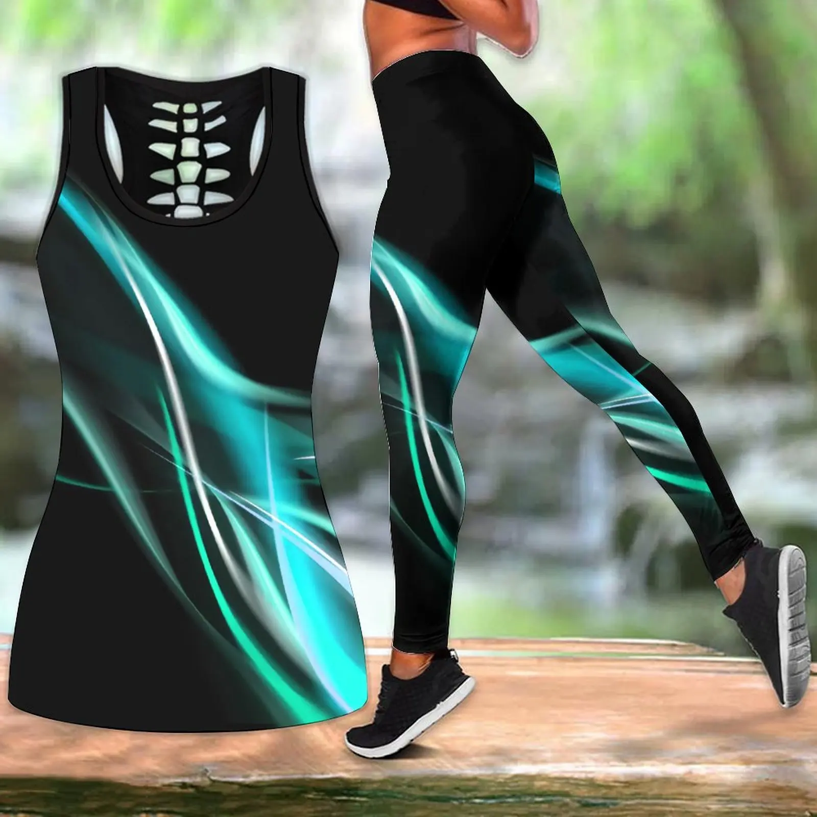 

Женская летняя новая спортивная одежда с принтом светящихся линий, комплект для йоги