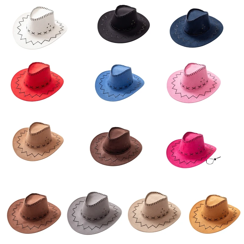 

Parent-child Western Cowboy Hat with Windproof Rope Wide Brim Jazz Hat Suede Cowgirl Hat All-match for Celebrations