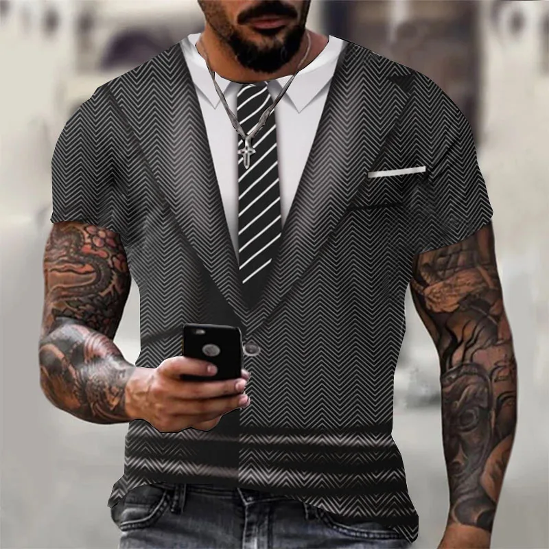 

Summer New Men's Two Piece Fake Suit T-Shirt 3D Printing Casual Fashion Oversized T-Shirt Short Sleeve Street T-Shirt