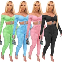 hm6308 womens sexy two piece summer streetwear fashion solid color long sleeve wrap chest ruched pants sports suit women