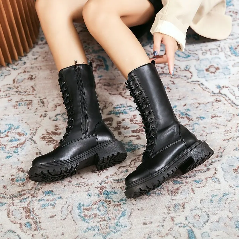 Women Black Mid-Calf Boots Female Casual Comfortable Walk Shoes Lady Muffin Bottom Non-Slip Ladies Lace Up Side Zipper Footwear