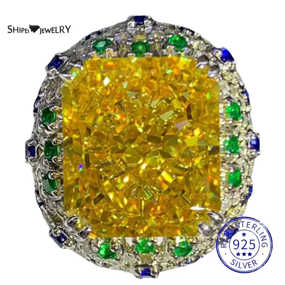 

Shipei Luxury 925 Sterling Silver Ice Crushed Cut VVS 15 CT D Color Created Moissanite Gemstone Bohemia Ring Fine Jewelry