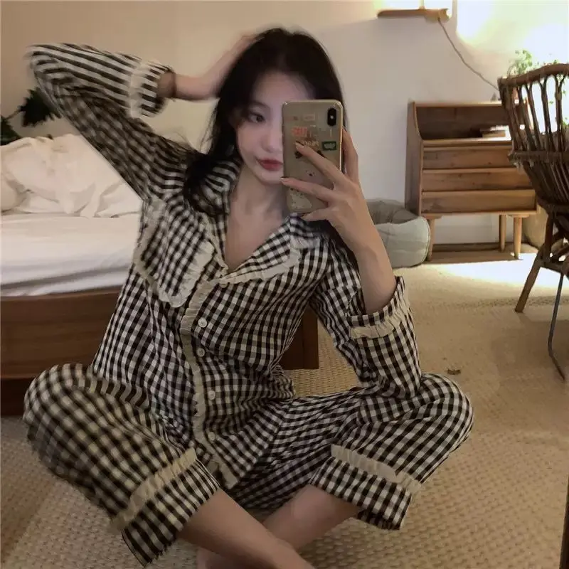 Korean Pajama for Women Summer Milk Silk Sleepwear Sets Teen Girls Sweet Plaid Lapel Pyjama Kawaii Ruffle Pijama Home Suit