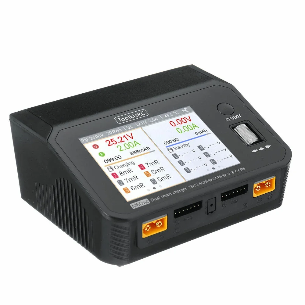 

ToolkitRC M6DAC AC 200W DC 700W 15A * 2 USB-C 65W QC3.0 Двухканальное умное зарядное устройство для литий-полимерных аккумуляторов 1-6S
