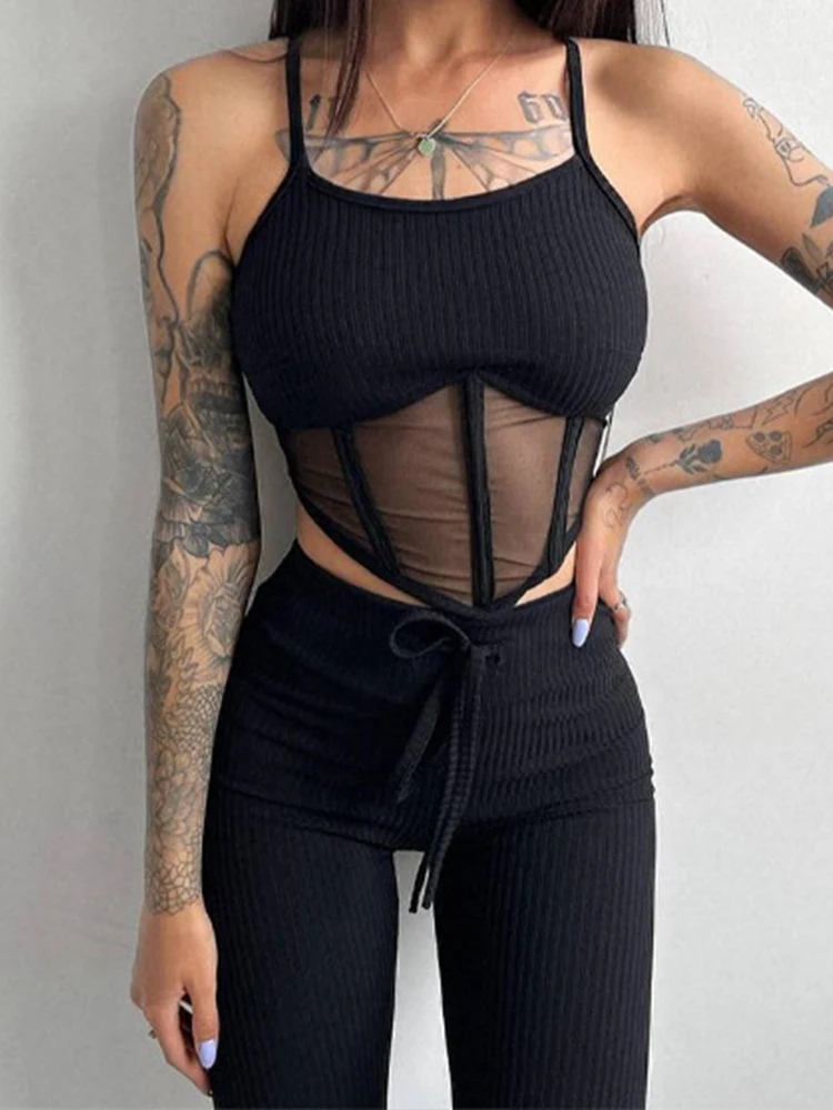 

Women Casual Pants Set For Women 2Pcs Tracksuit Out Door Active Wear Sling Cross Mesh Patchwork Tank Top And Drawstring Trousers