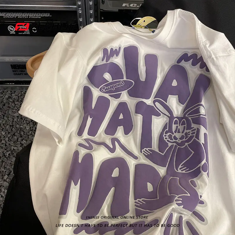 

Футболка Y2k с принтом мультяшных букв и кроликов для мужчин и женщин, Модный повседневный топ с коротким рукавом в стиле ретро для пар