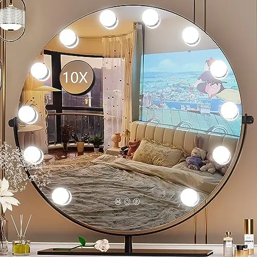 

Mirror with Lights, 20" x 20" Make up Mirror, Light up Mirror with 10X Magnification and Smart Touch Dimmable 3 Modes, 3