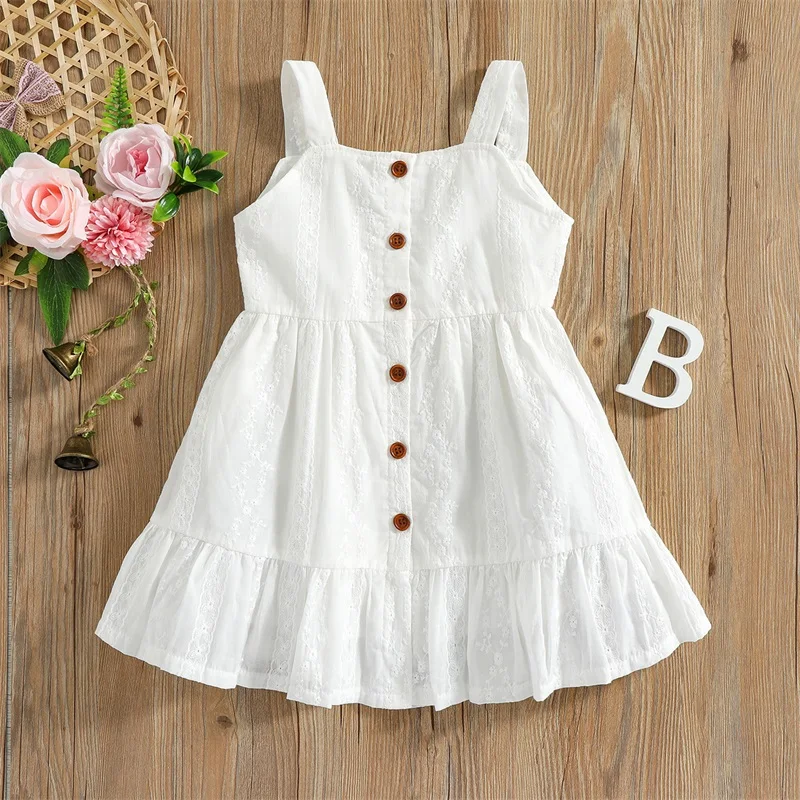

2-7 Years Little Girls Summer, Sling Plain Embroidery Button-down Ruffle Hem Dress, Girls Knee-length Casual 1-piece