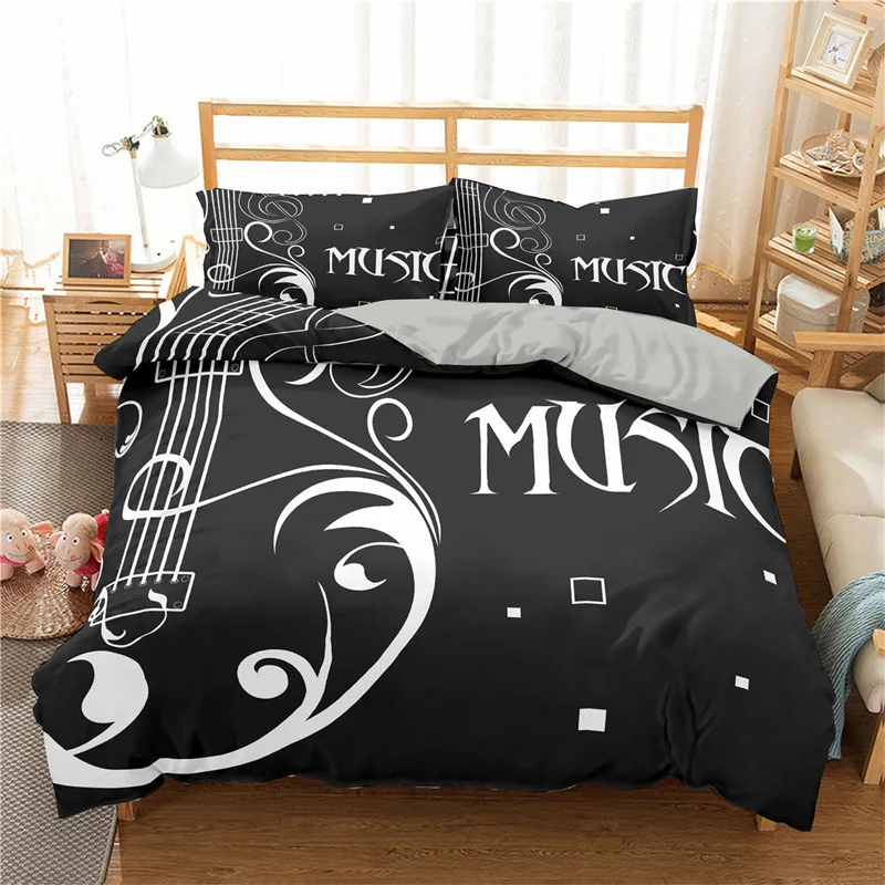 

Piano Keyboard Black Duvet Cover Note Clef Staff Music Theme Bedding Set Microfiber Melody Music Geometric Quilt Cover King Size
