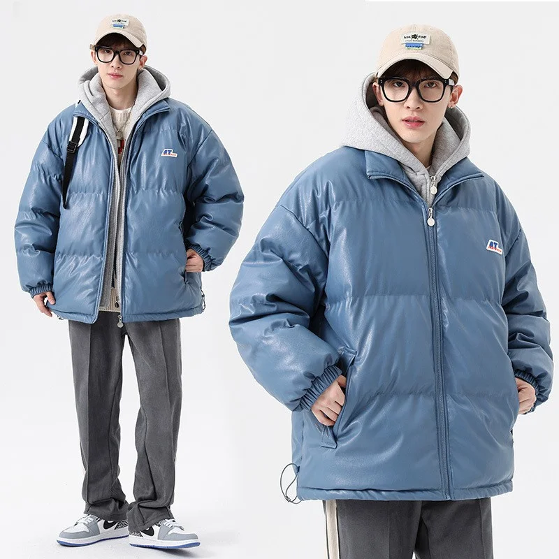 Men's Cotton Padded Clothes New Pu Leather  Are Popular In Winter. Two Thick Hooded Coats Are Fashionable And Warm