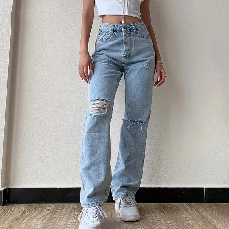 Elegant Women Ripped Jeans Size Boyfriend Pants Simple High Waist Mom Undefined Stright Trousers 2022 Autumn New