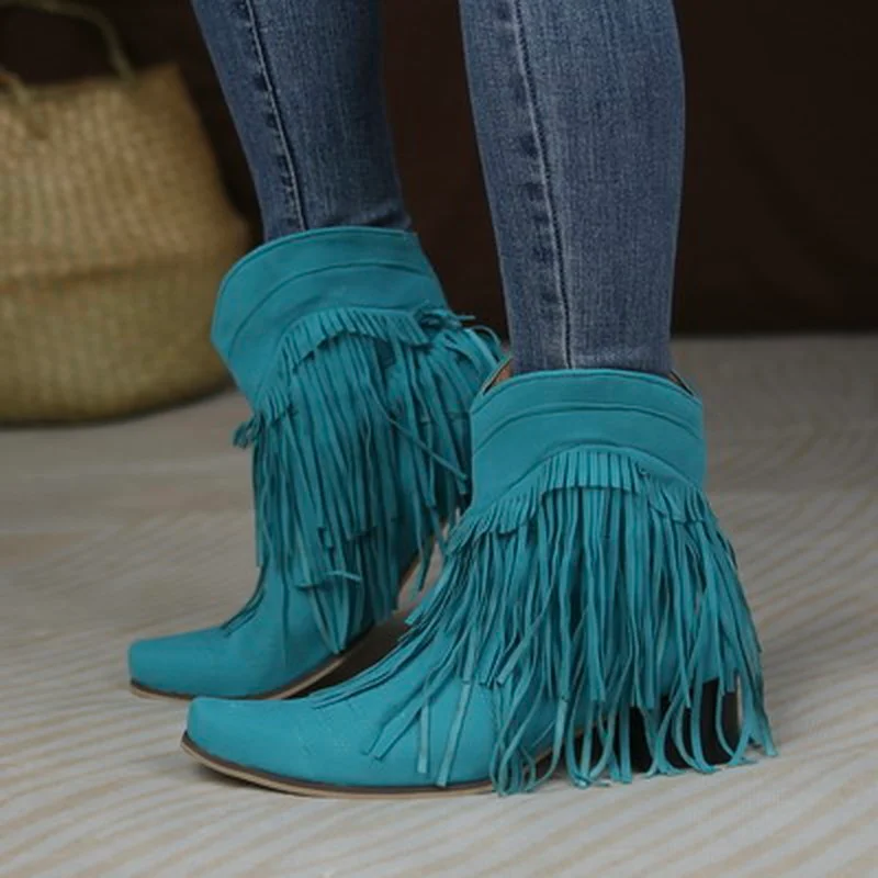 

2022 New Trendy Great Quality Fringe Mid-calf Square Heels Western Boots Mixed-color Comfy Walking Women Casual Party Shoes Wild