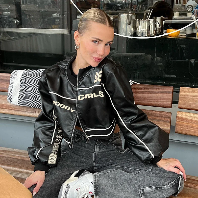 

Leather Jacket For Women Black Stand Collar American Street Fashion Zipper Jacket Spicy Girl Versatile Motorcycle Coat Outerwear