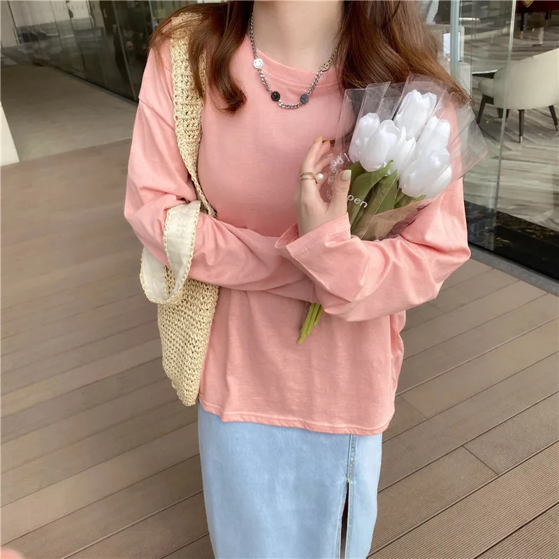 

NEW Long-sleeved T-shirt women's autumn and winter loose and comfortable slim fit slim fit round neck pure cotton simple