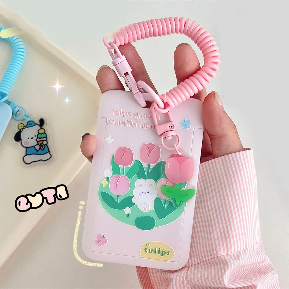 

Cartoon Tulip Ins Photocard Holder Keychain Kpop Students Card Protectors Pink ID Bank Cards Cover School Stationery