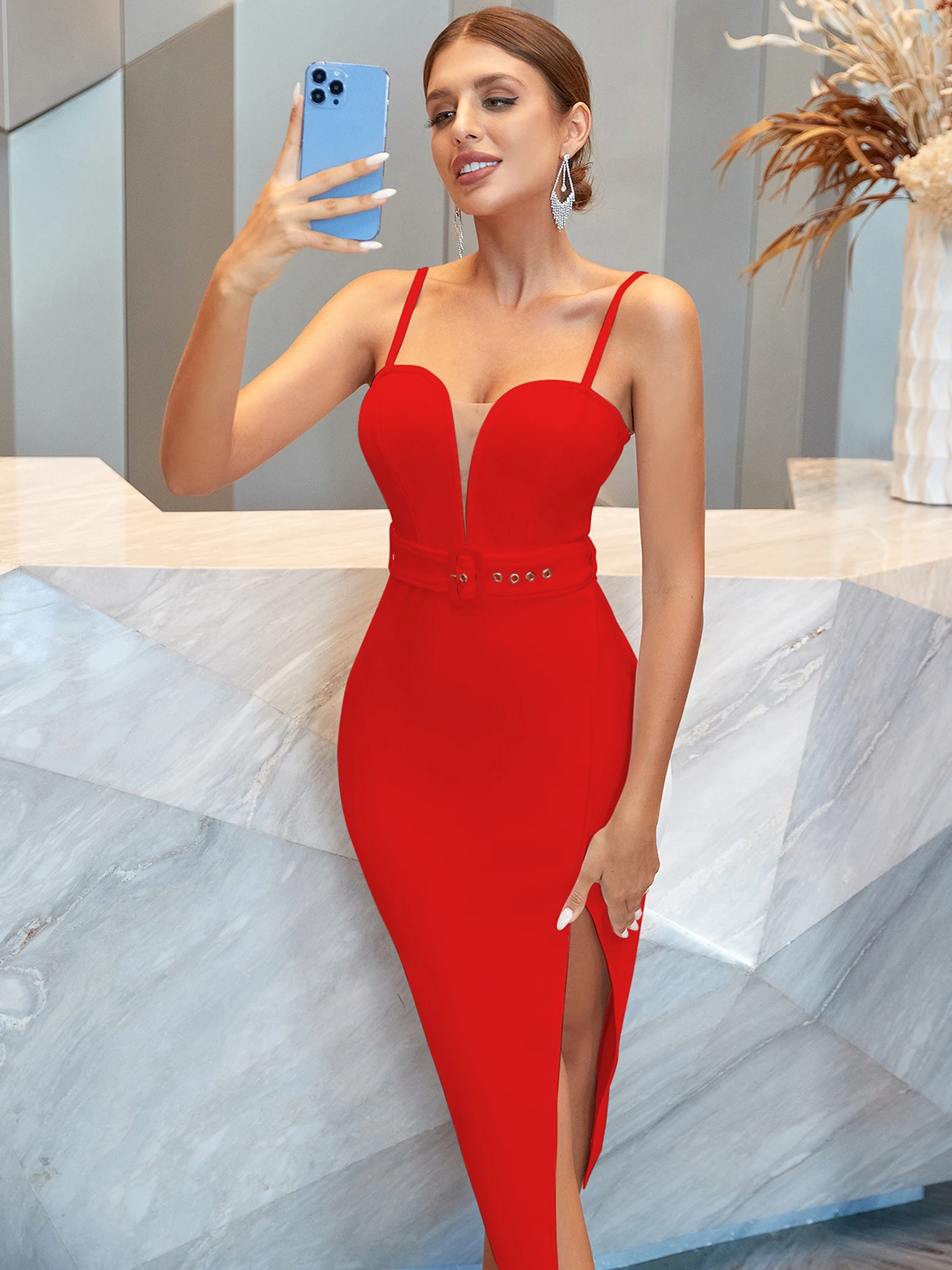 

Red Bandage Dress Women Sexy Spaghetti Strap V Neck Open Leg Knee Length Celebrity Evening Club Party Going Out Dresses
