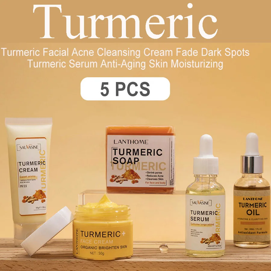 

Facial Acne Cleansing Cream Face Care Sets Turmeric Fade Dark Spots Turmeric Serum Anti-Aging Skin Moisturizing Facial Soap 5pcs