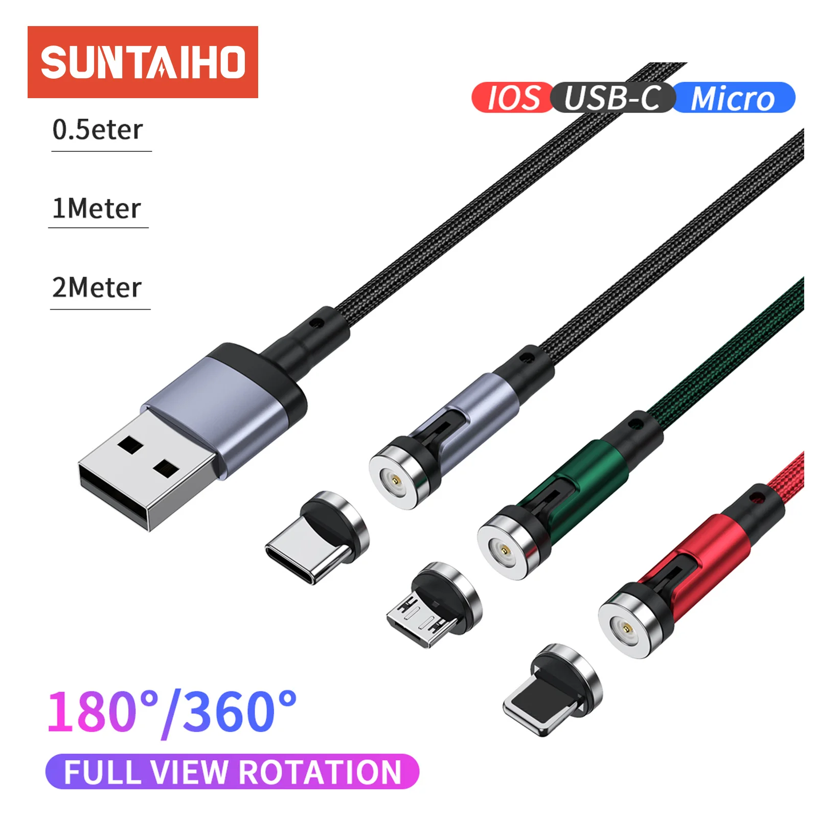 Suntaiho 540-градусный Вращающийся Магнитный Зарядный Кабель 3a Micro Usb/c Типа Для