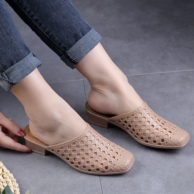 Beach Slippers Women Wear Wrapped Toe Summer Middle Heel PVC Fashion Increase Outdoor Black Red All-match Non-slip Sandals